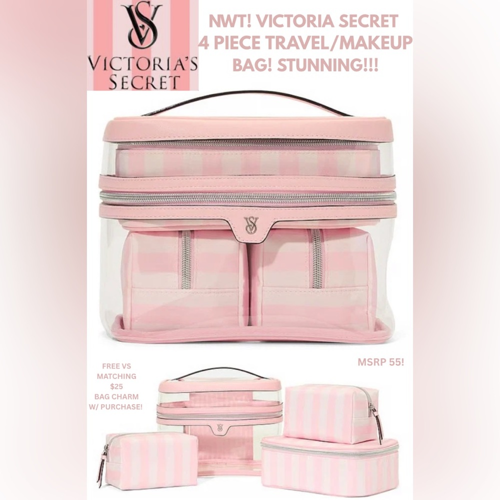 NWT! VICTORIA SECRET 4 PEICE TRAIN CASE! COMES W/ FREE $25 MATCHING BAG-CHARM!